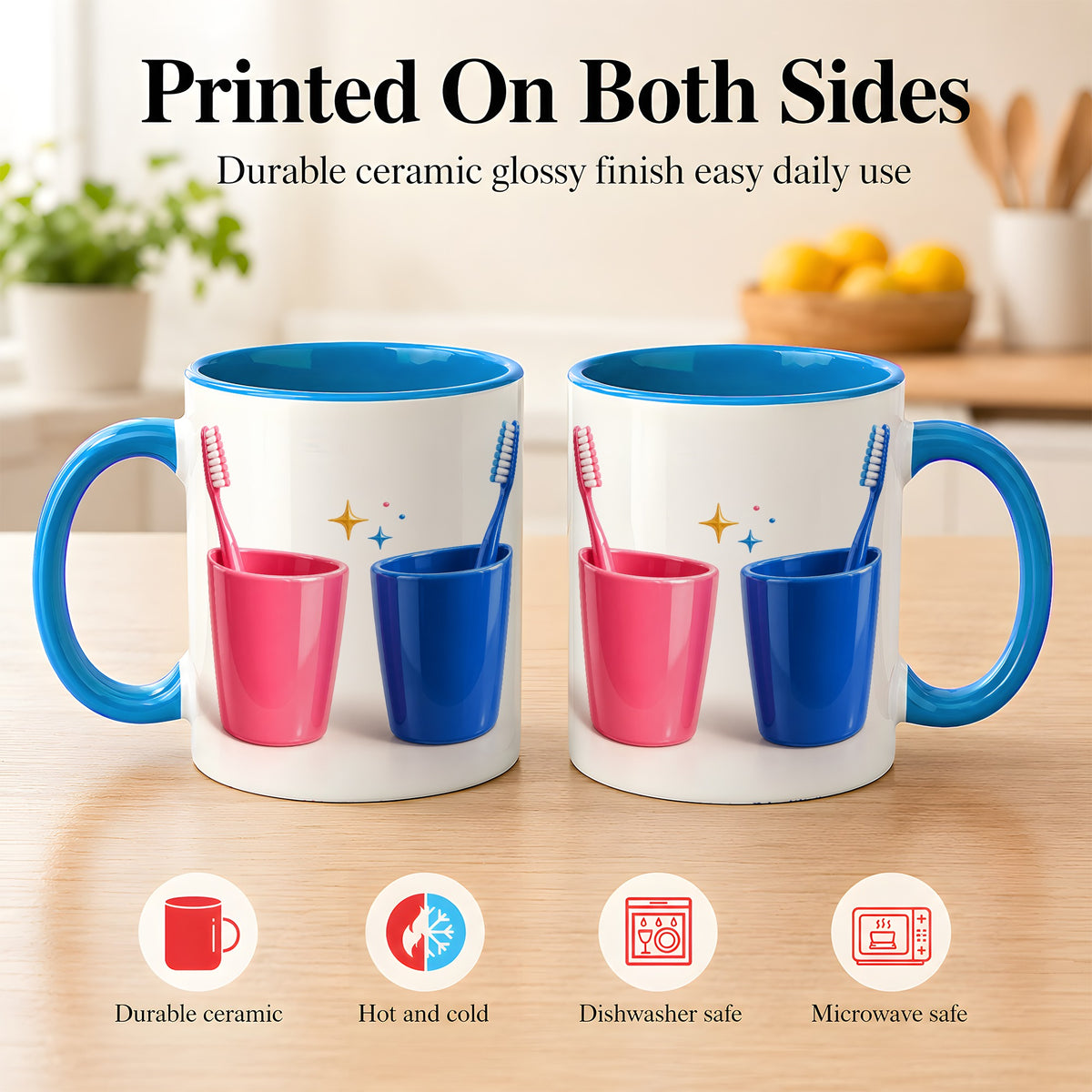 #pl[11oz|Blue] Pink Blue Toothbrush Pair Coffee Mug, Dental Theme Mug, Ceramic Cup