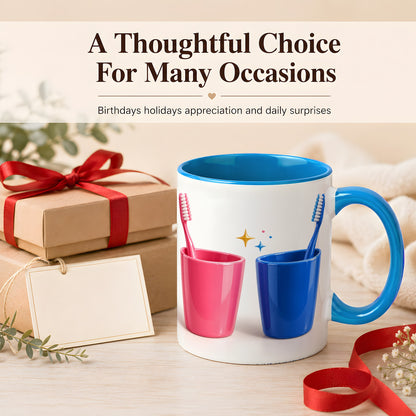 #pl[11oz|Blue] Pink Blue Toothbrush Pair Coffee Mug, Dental Theme Mug, Ceramic Cup