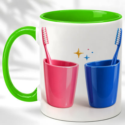 #pl[11oz|Green] Pink Blue Toothbrush Pair Coffee Mug, Dental Theme Mug, Ceramic Cup