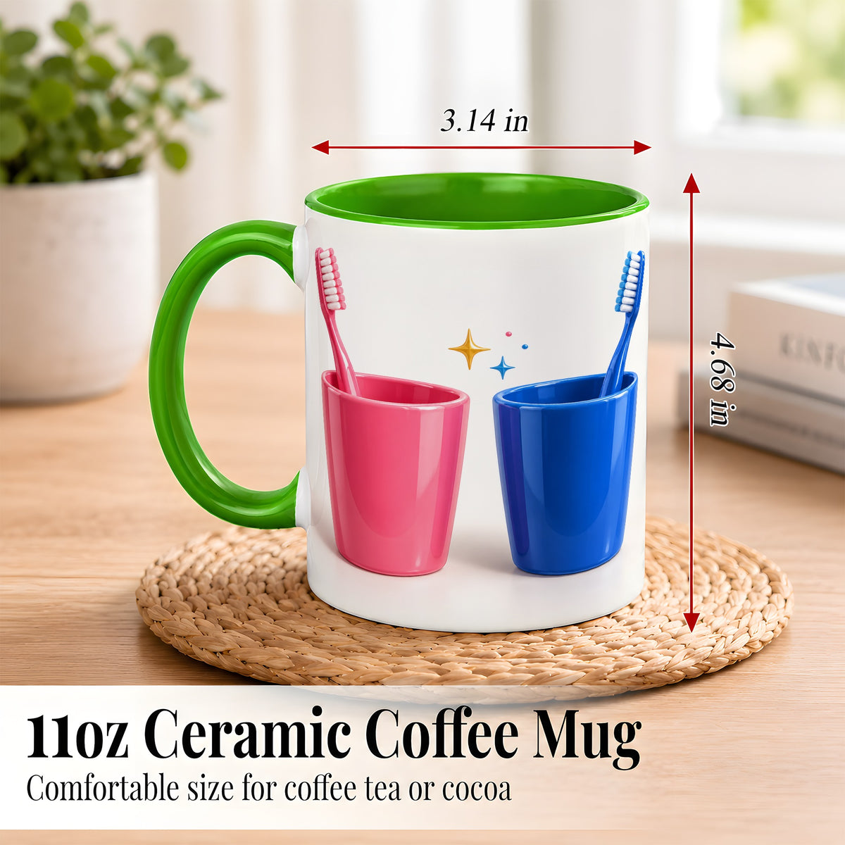#pl[11oz|Green] Pink Blue Toothbrush Pair Coffee Mug, Dental Theme Mug, Ceramic Cup