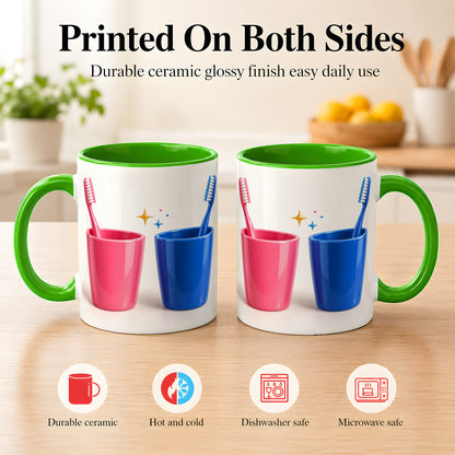 #pl[11oz|Green] Pink Blue Toothbrush Pair Coffee Mug, Dental Theme Mug, Ceramic Cup