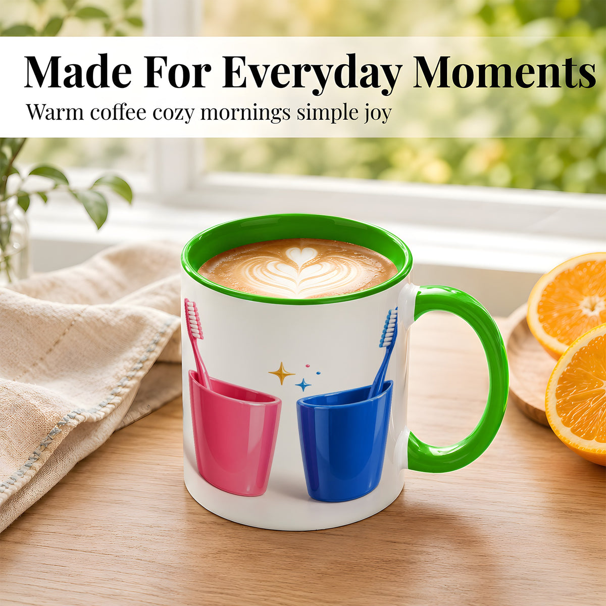 #pl[11oz|Green] Pink Blue Toothbrush Pair Coffee Mug, Dental Theme Mug, Ceramic Cup