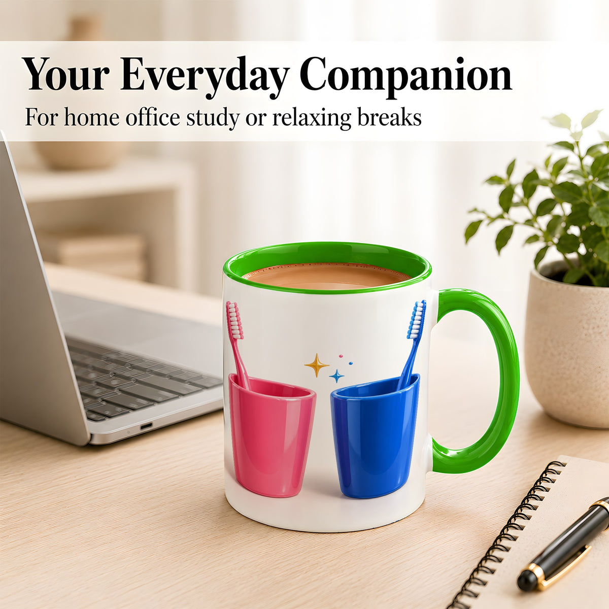 #pl[11oz|Green] Pink Blue Toothbrush Pair Coffee Mug, Dental Theme Mug, Ceramic Cup
