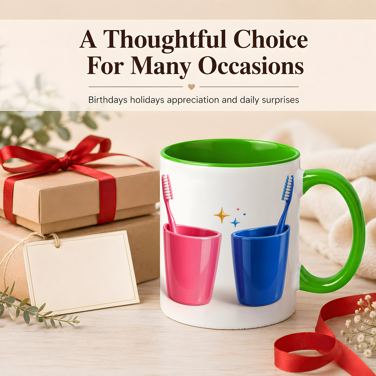 #pl[11oz|Green] Pink Blue Toothbrush Pair Coffee Mug, Dental Theme Mug, Ceramic Cup