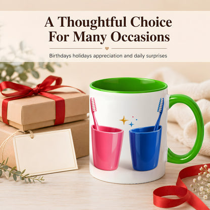 #pl[11oz|Green] Pink Blue Toothbrush Pair Coffee Mug, Dental Theme Mug, Ceramic Cup