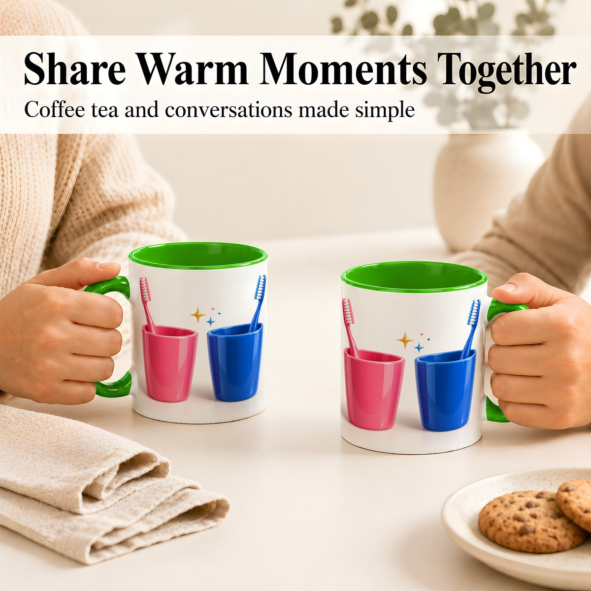 #pl[11oz|Green] Pink Blue Toothbrush Pair Coffee Mug, Dental Theme Mug, Ceramic Cup