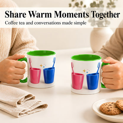 #pl[11oz|Green] Pink Blue Toothbrush Pair Coffee Mug, Dental Theme Mug, Ceramic Cup