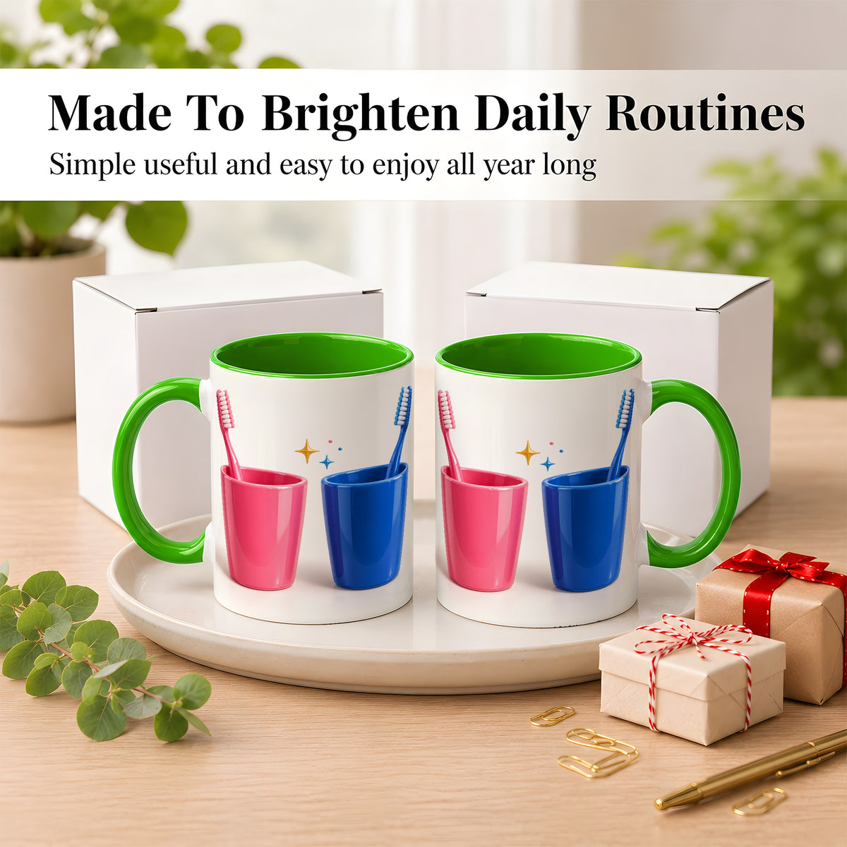 #pl[11oz|Green] Pink Blue Toothbrush Pair Coffee Mug, Dental Theme Mug, Ceramic Cup