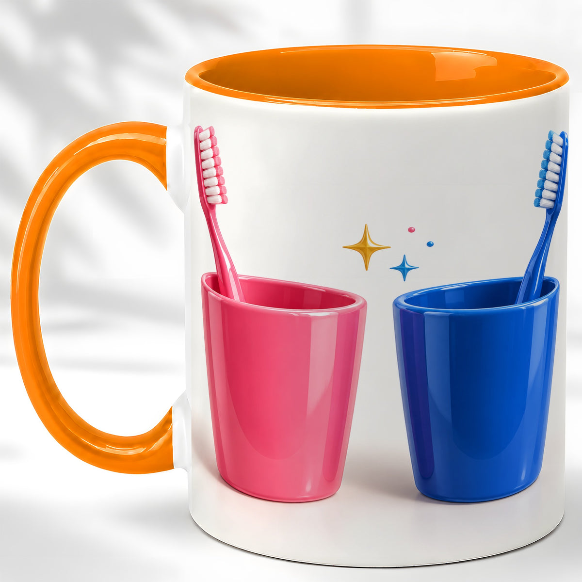 #pl[11oz|Orange] Pink Blue Toothbrush Pair Coffee Mug, Dental Theme Mug, Ceramic Cup