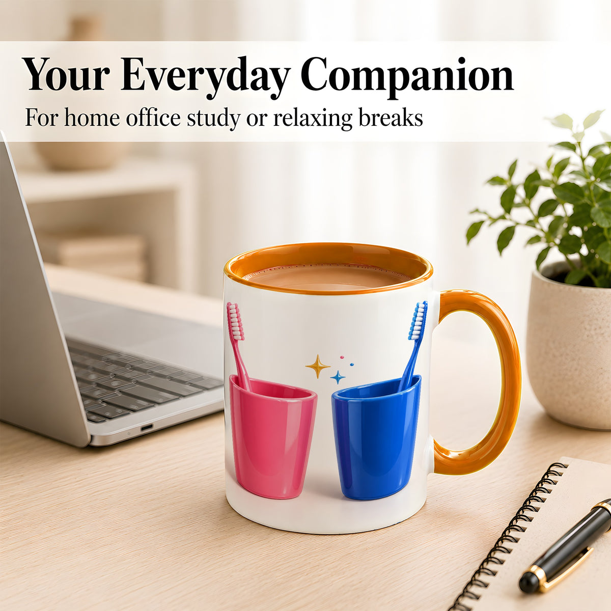 #pl[11oz|Orange] Pink Blue Toothbrush Pair Coffee Mug, Dental Theme Mug, Ceramic Cup
