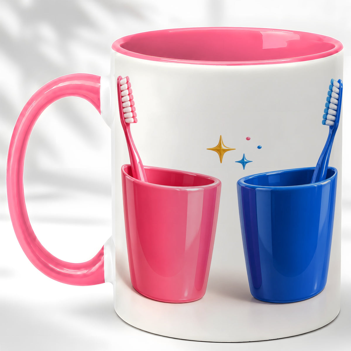 #pl[11oz|Pink] Pink Blue Toothbrush Pair Coffee Mug, Dental Theme Mug, Ceramic Cup