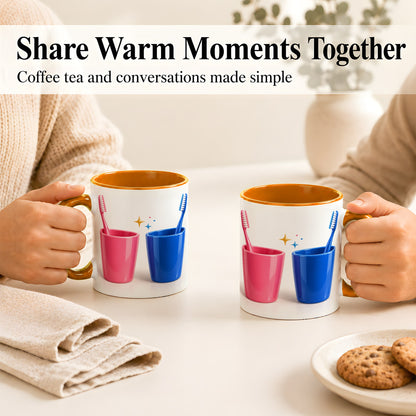 #pl[11oz|Orange] Pink Blue Toothbrush Pair Coffee Mug, Dental Theme Mug, Ceramic Cup