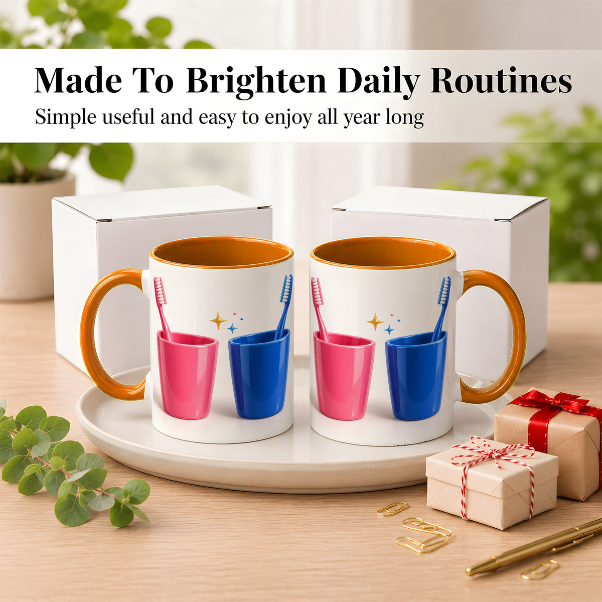#pl[11oz|Orange] Pink Blue Toothbrush Pair Coffee Mug, Dental Theme Mug, Ceramic Cup