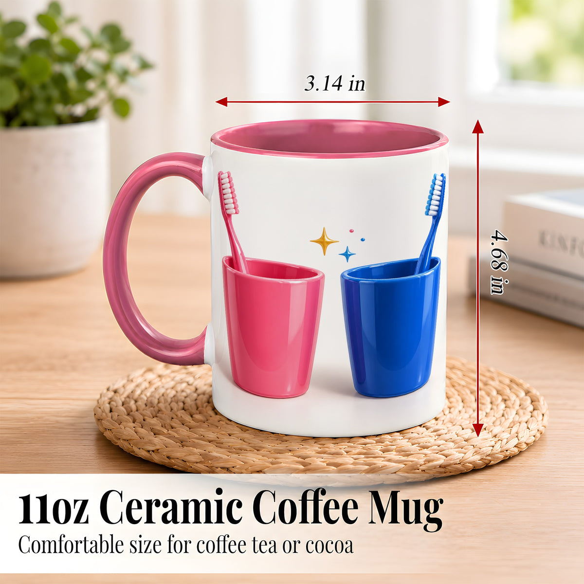 #pl[11oz|Pink] Pink Blue Toothbrush Pair Coffee Mug, Dental Theme Mug, Ceramic Cup