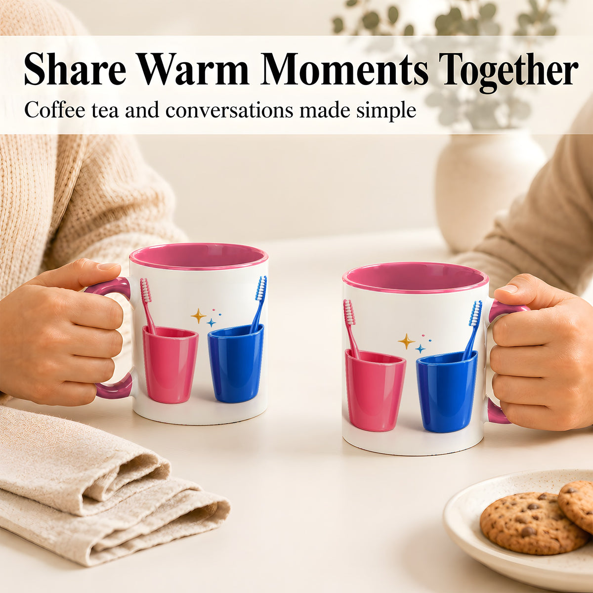 #pl[11oz|Pink] Pink Blue Toothbrush Pair Coffee Mug, Dental Theme Mug, Ceramic Cup