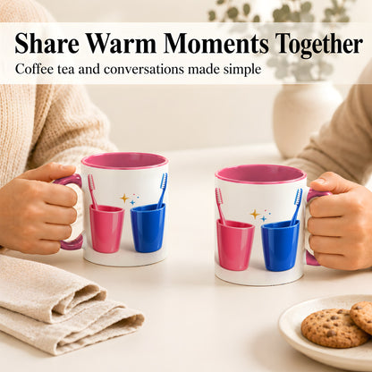 #pl[11oz|Pink] Pink Blue Toothbrush Pair Coffee Mug, Dental Theme Mug, Ceramic Cup