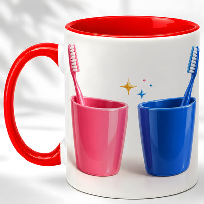 Pink Blue Toothbrush Pair Coffee Mug, Dental Theme Mug, Ceramic Cup