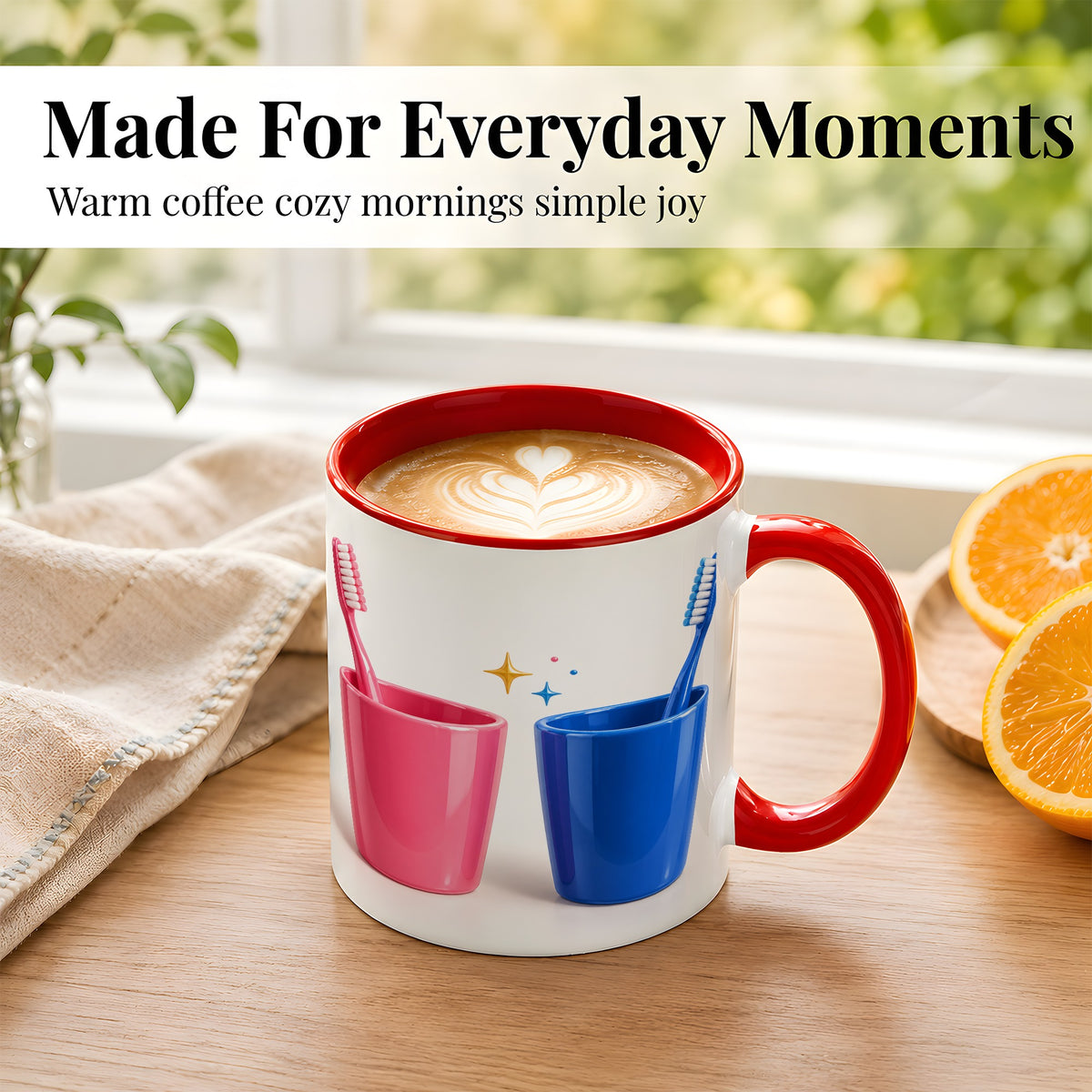 #pl[11oz|Red] Pink Blue Toothbrush Pair Coffee Mug, Dental Theme Mug, Ceramic Cup