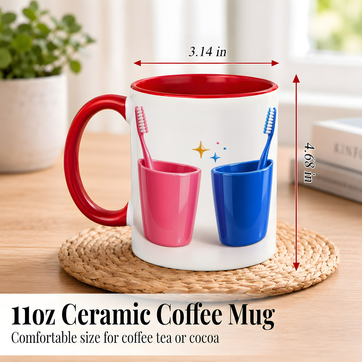 #pl[11oz|Red] Pink Blue Toothbrush Pair Coffee Mug, Dental Theme Mug, Ceramic Cup