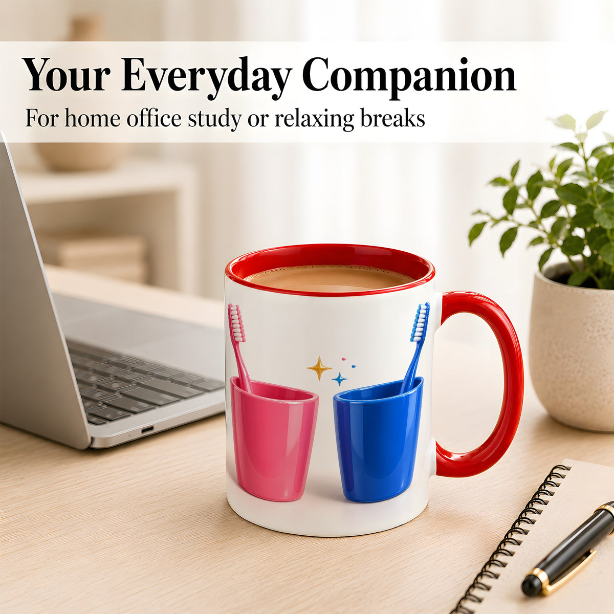 #pl[11oz|Red] Pink Blue Toothbrush Pair Coffee Mug, Dental Theme Mug, Ceramic Cup