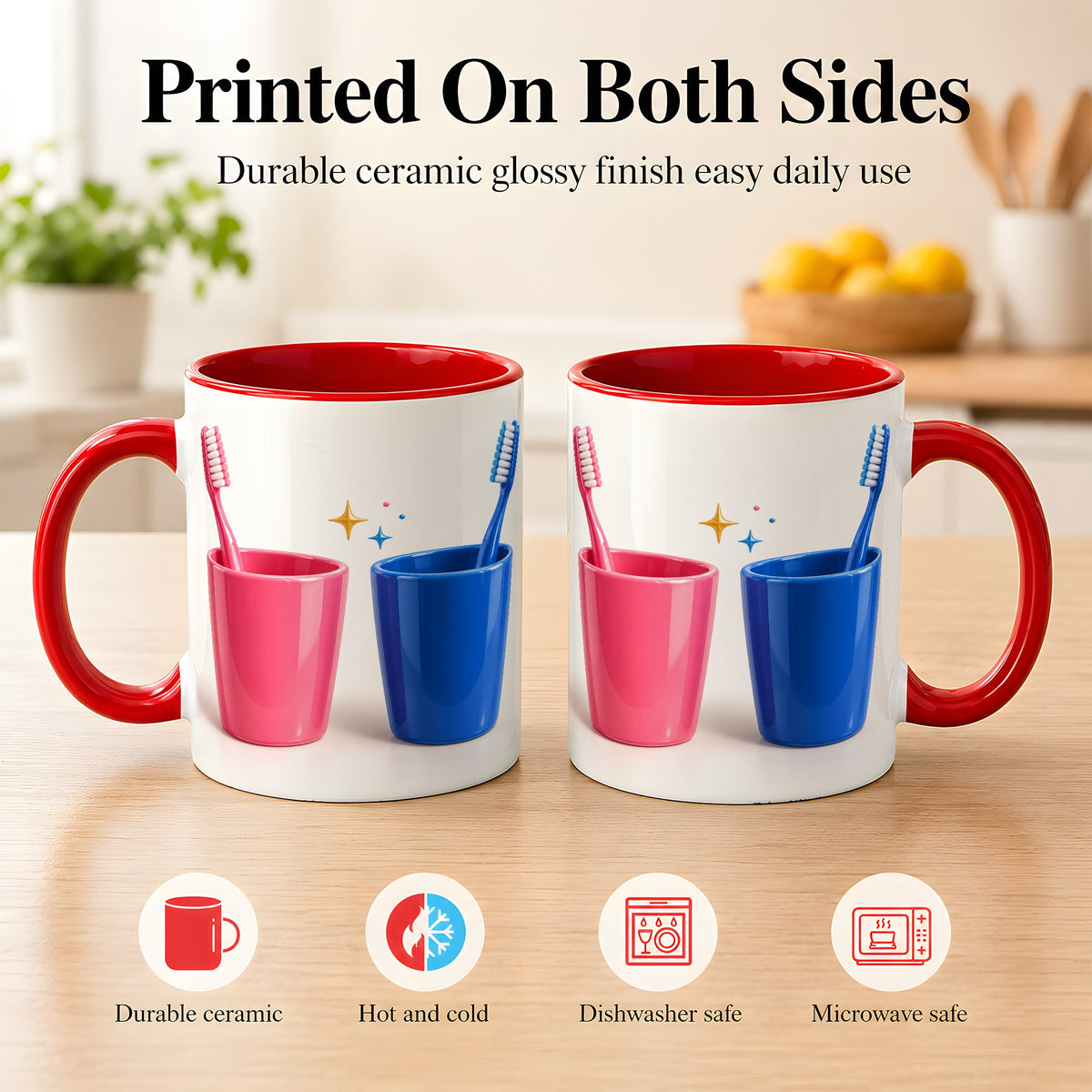 #pl[11oz|Red] Pink Blue Toothbrush Pair Coffee Mug, Dental Theme Mug, Ceramic Cup