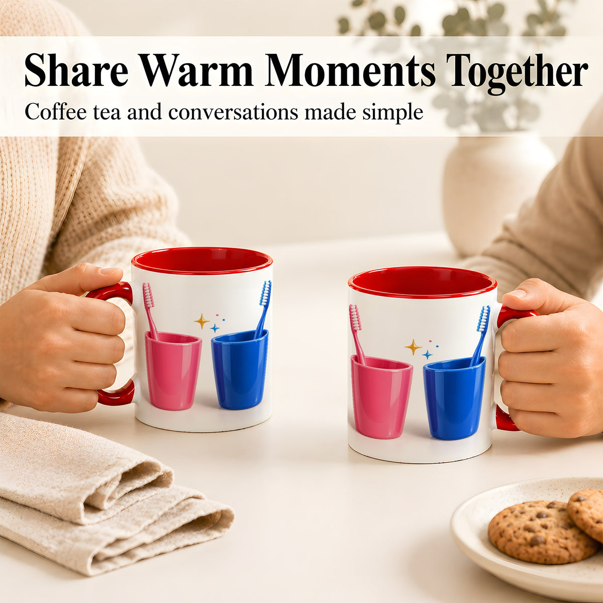 #pl[11oz|Red] Pink Blue Toothbrush Pair Coffee Mug, Dental Theme Mug, Ceramic Cup