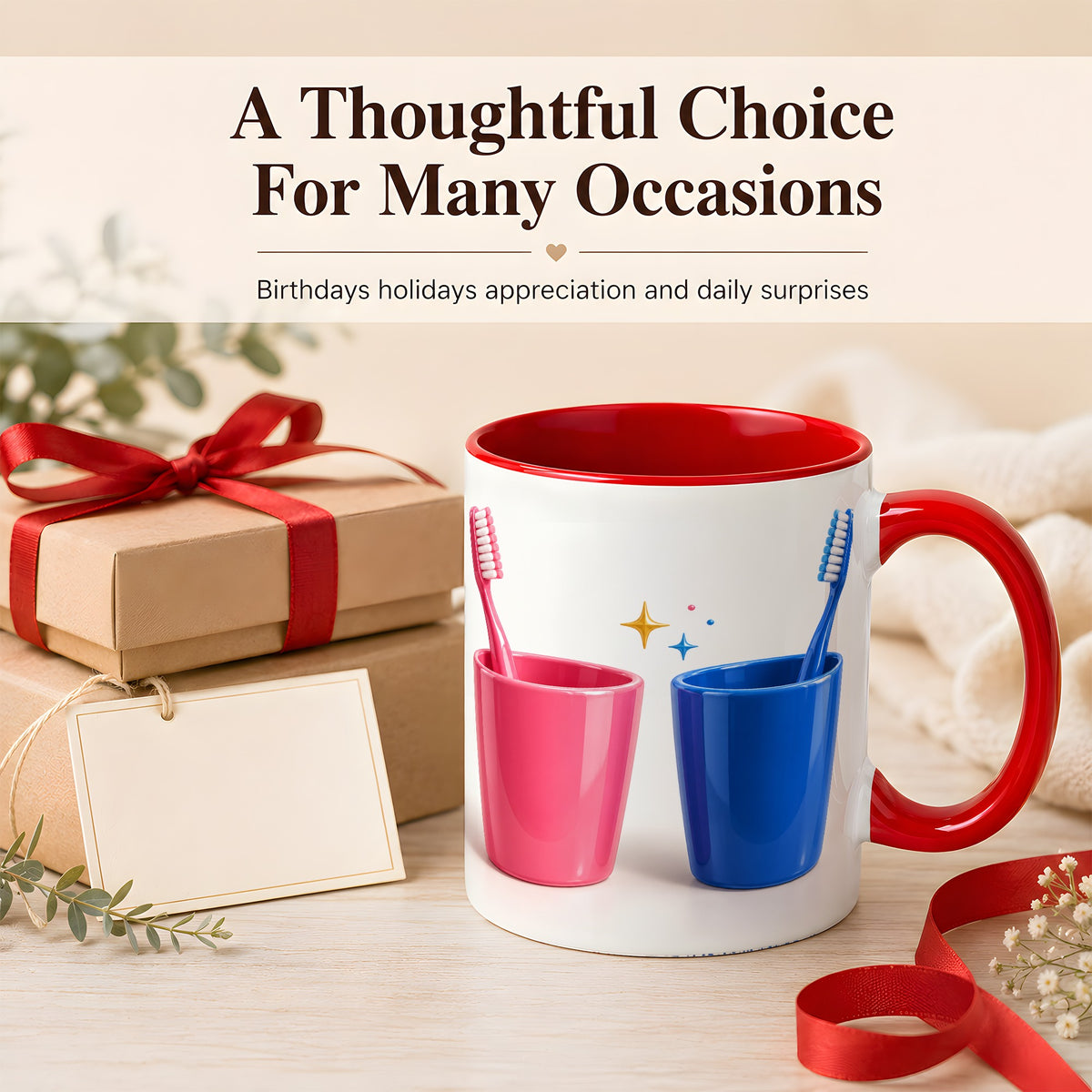 #pl[11oz|Red] Pink Blue Toothbrush Pair Coffee Mug, Dental Theme Mug, Ceramic Cup
