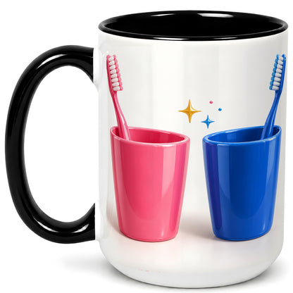 #pl[15oz|Black] Pink Blue Toothbrush Pair Coffee Mug, Dental Theme Mug, Ceramic Cup