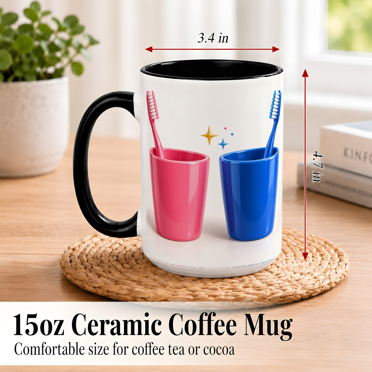 #pl[15oz|Black] Pink Blue Toothbrush Pair Coffee Mug, Dental Theme Mug, Ceramic Cup