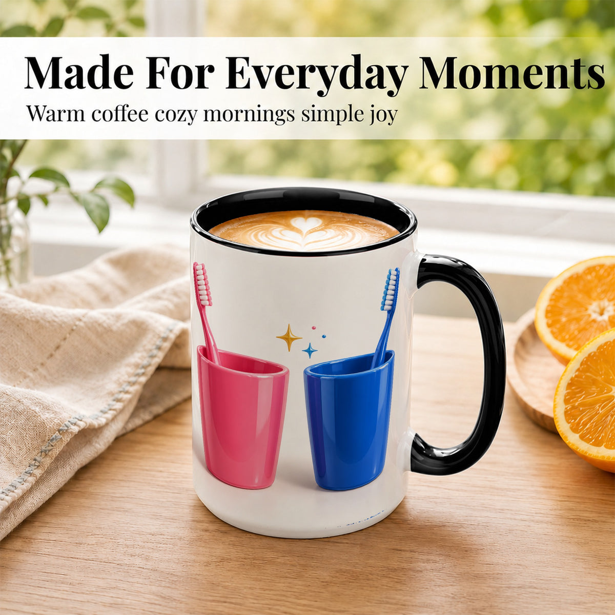 #pl[15oz|Black] Pink Blue Toothbrush Pair Coffee Mug, Dental Theme Mug, Ceramic Cup