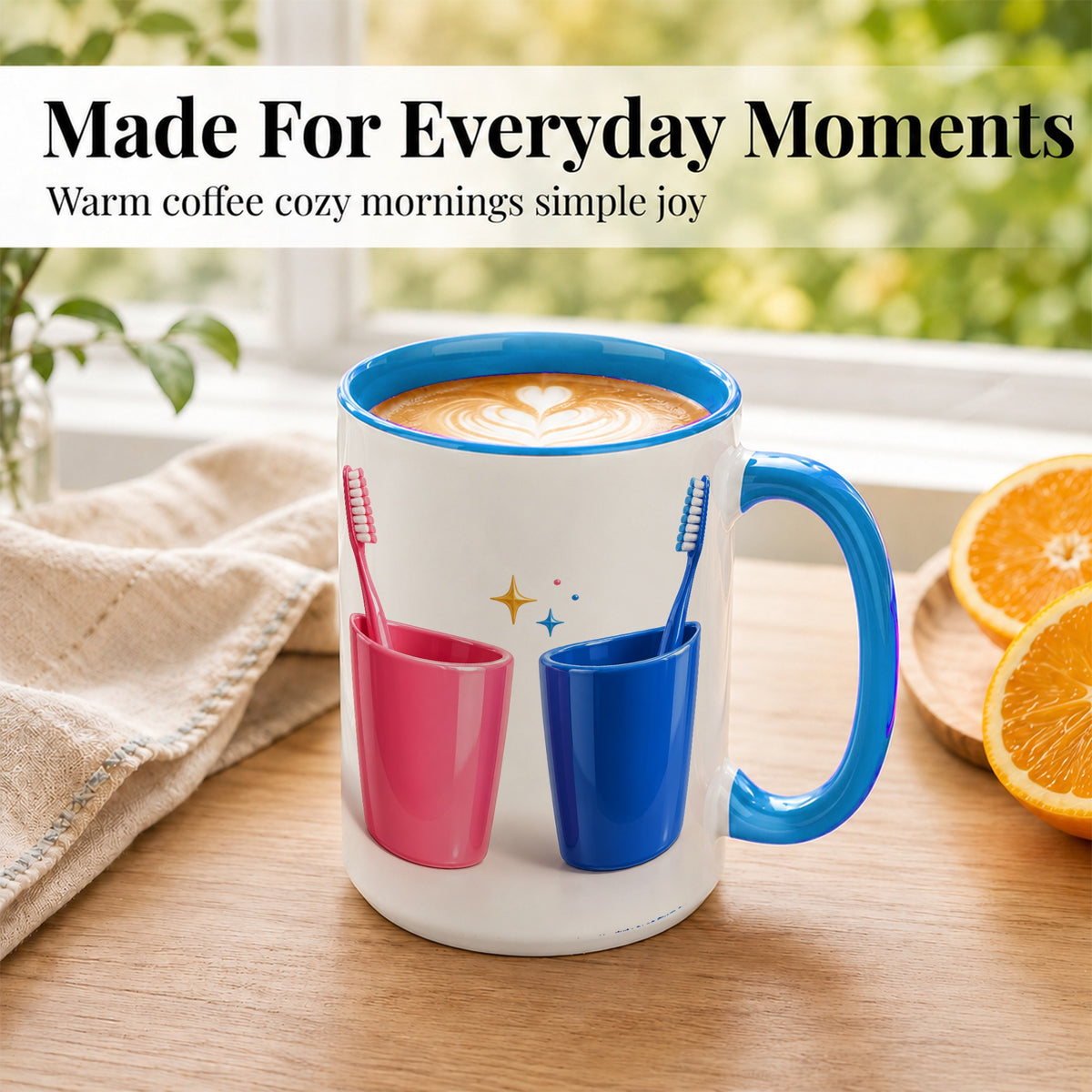 #pl[15oz|Blue] Pink Blue Toothbrush Pair Coffee Mug, Dental Theme Mug, Ceramic Cup