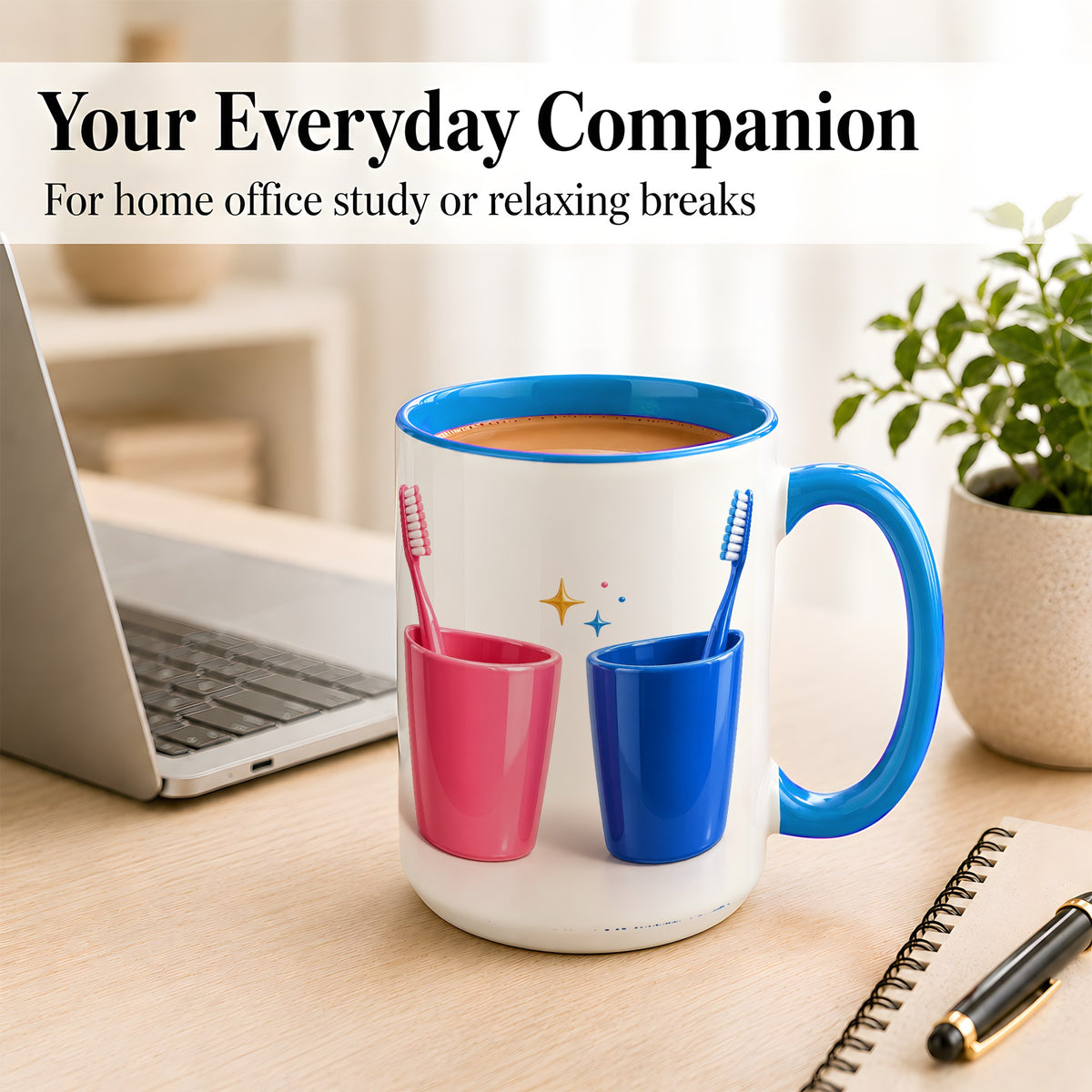#pl[15oz|Blue] Pink Blue Toothbrush Pair Coffee Mug, Dental Theme Mug, Ceramic Cup