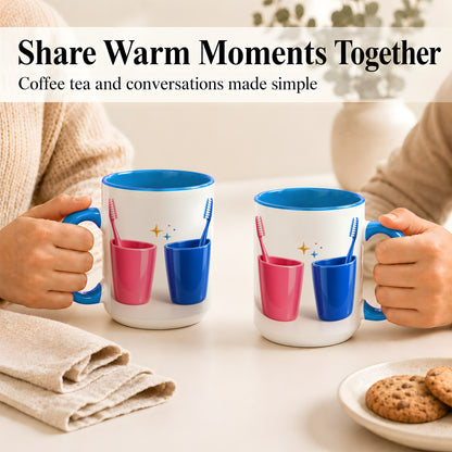 #pl[15oz|Blue] Pink Blue Toothbrush Pair Coffee Mug, Dental Theme Mug, Ceramic Cup