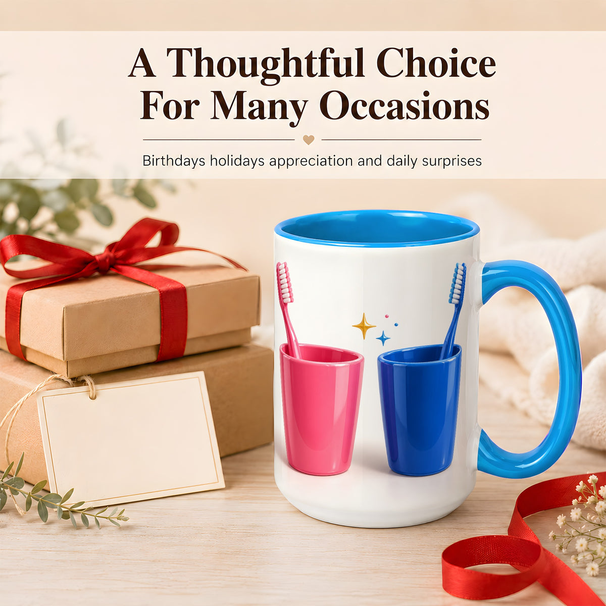 #pl[15oz|Blue] Pink Blue Toothbrush Pair Coffee Mug, Dental Theme Mug, Ceramic Cup