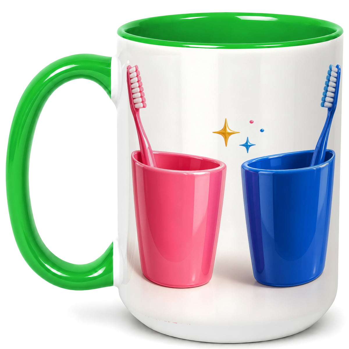 #pl[15oz|Green] Pink Blue Toothbrush Pair Coffee Mug, Dental Theme Mug, Ceramic Cup