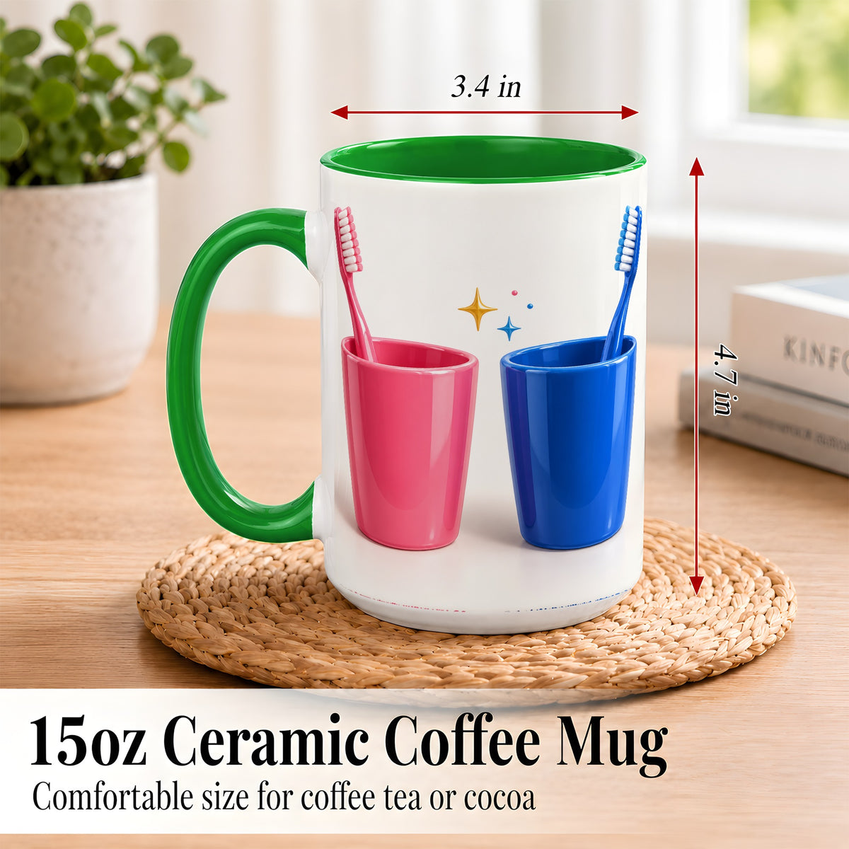 #pl[15oz|Green] Pink Blue Toothbrush Pair Coffee Mug, Dental Theme Mug, Ceramic Cup