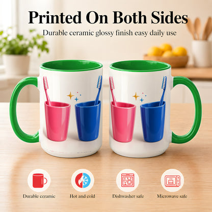#pl[15oz|Green] Pink Blue Toothbrush Pair Coffee Mug, Dental Theme Mug, Ceramic Cup