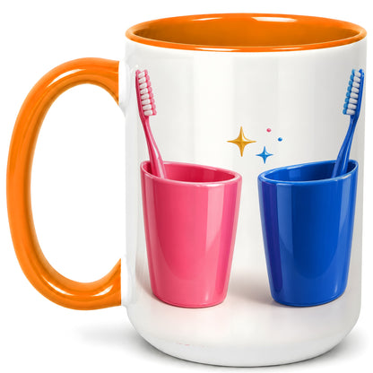 #pl[15oz|Orange] Pink Blue Toothbrush Pair Coffee Mug, Dental Theme Mug, Ceramic Cup