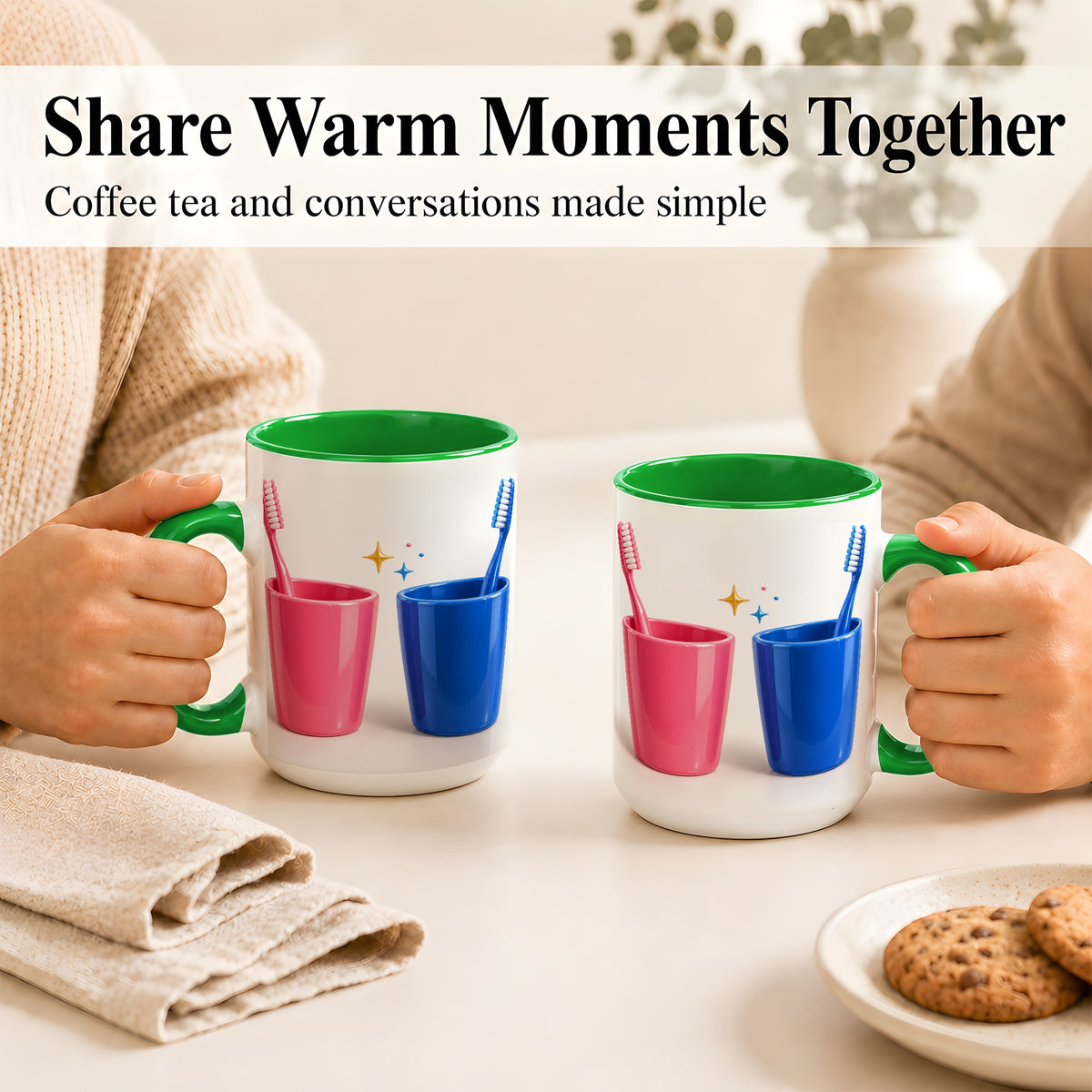 #pl[15oz|Green] Pink Blue Toothbrush Pair Coffee Mug, Dental Theme Mug, Ceramic Cup