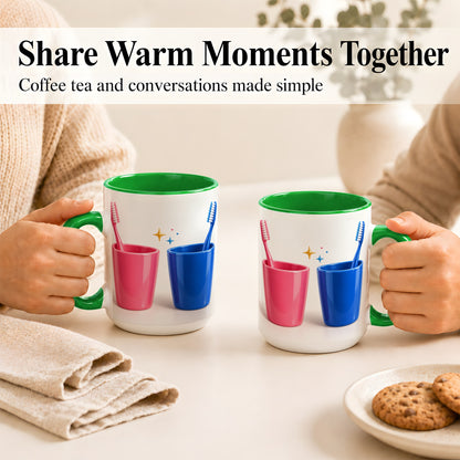 #pl[15oz|Green] Pink Blue Toothbrush Pair Coffee Mug, Dental Theme Mug, Ceramic Cup