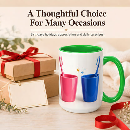 #pl[15oz|Green] Pink Blue Toothbrush Pair Coffee Mug, Dental Theme Mug, Ceramic Cup
