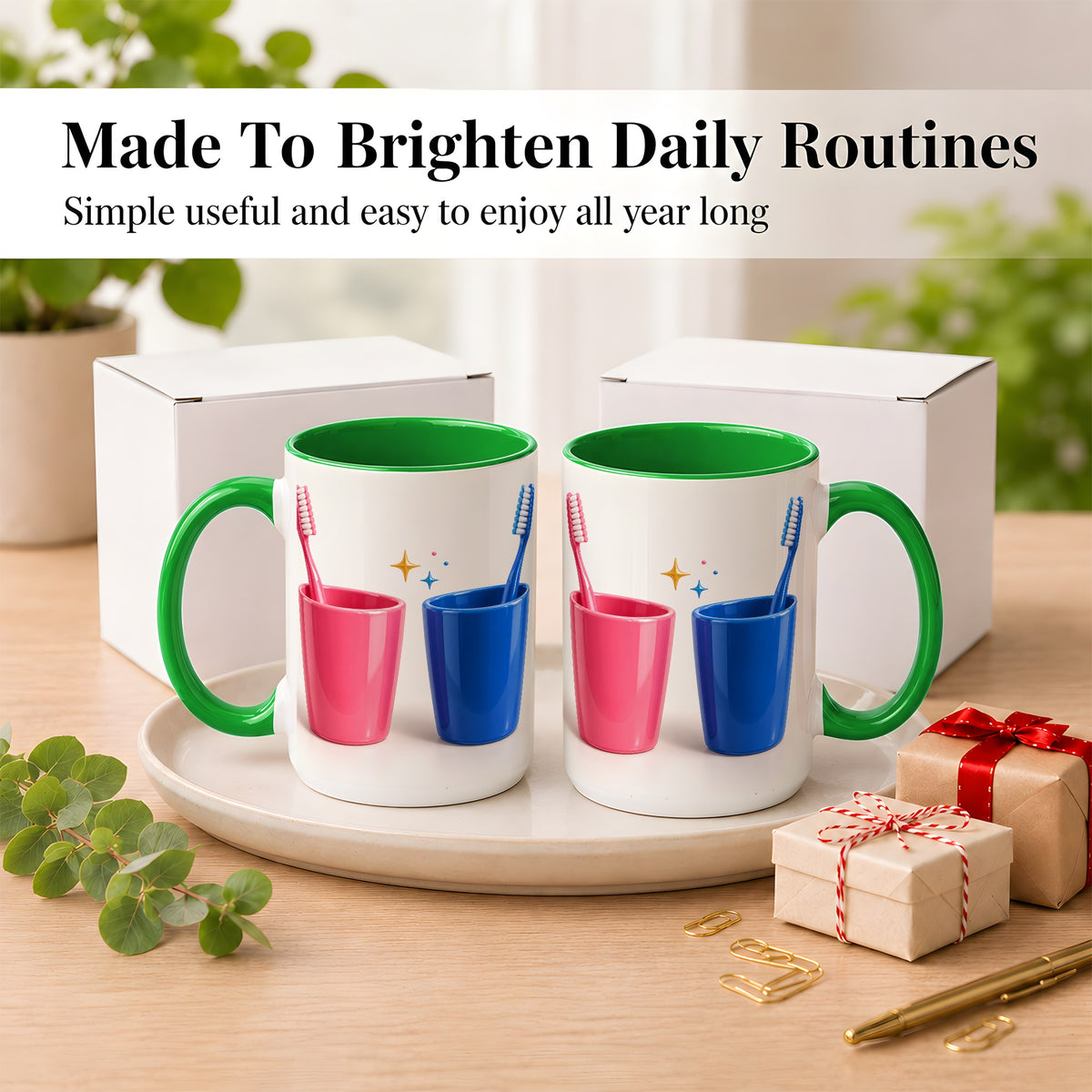 #pl[15oz|Green] Pink Blue Toothbrush Pair Coffee Mug, Dental Theme Mug, Ceramic Cup