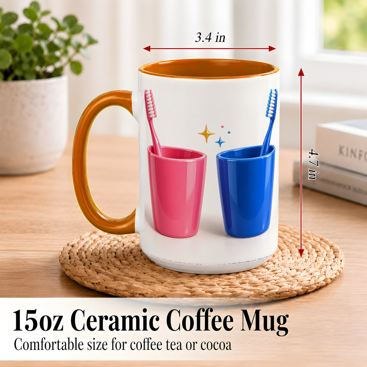 #pl[15oz|Orange] Pink Blue Toothbrush Pair Coffee Mug, Dental Theme Mug, Ceramic Cup