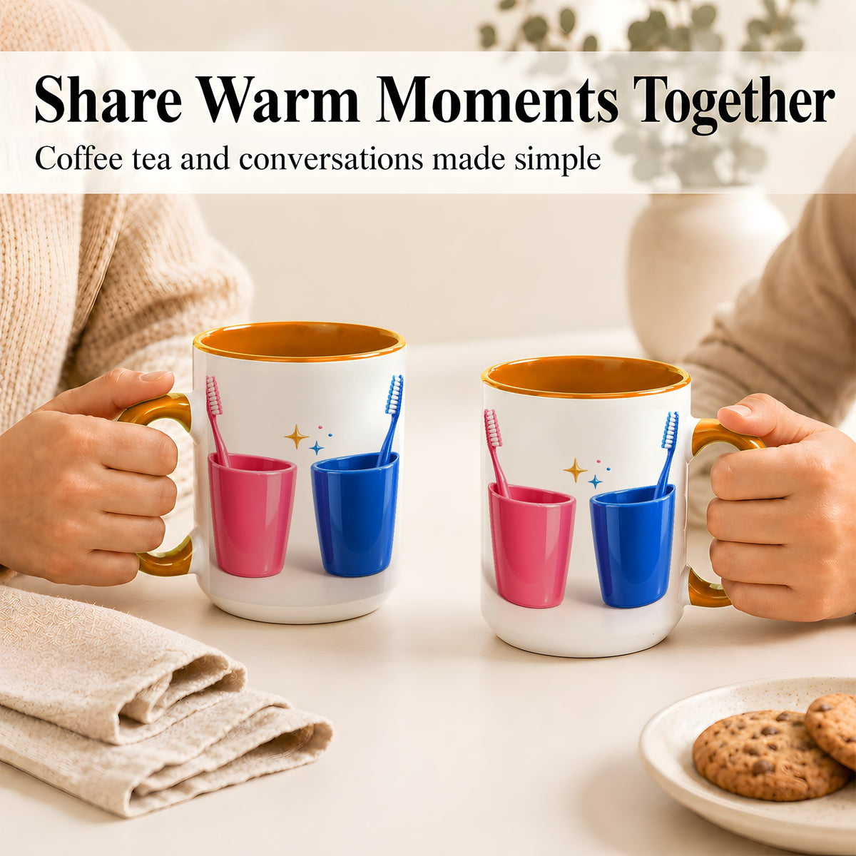 #pl[15oz|Orange] Pink Blue Toothbrush Pair Coffee Mug, Dental Theme Mug, Ceramic Cup
