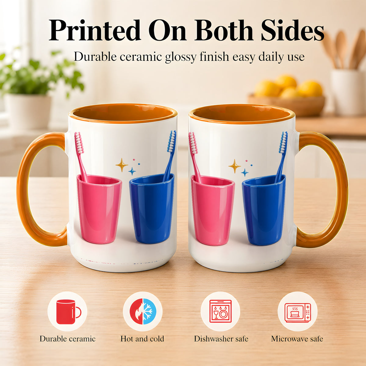 #pl[15oz|Orange] Pink Blue Toothbrush Pair Coffee Mug, Dental Theme Mug, Ceramic Cup