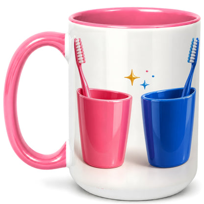 #pl[15oz|Pink] Pink Blue Toothbrush Pair Coffee Mug, Dental Theme Mug, Ceramic Cup