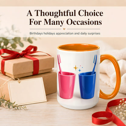 #pl[15oz|Orange] Pink Blue Toothbrush Pair Coffee Mug, Dental Theme Mug, Ceramic Cup