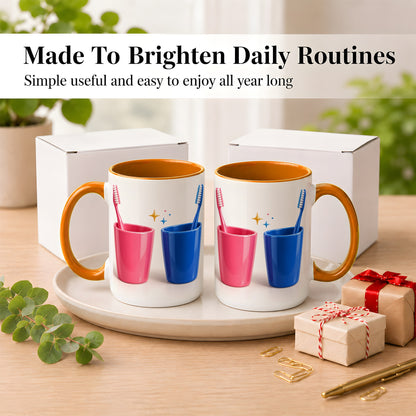 #pl[15oz|Orange] Pink Blue Toothbrush Pair Coffee Mug, Dental Theme Mug, Ceramic Cup