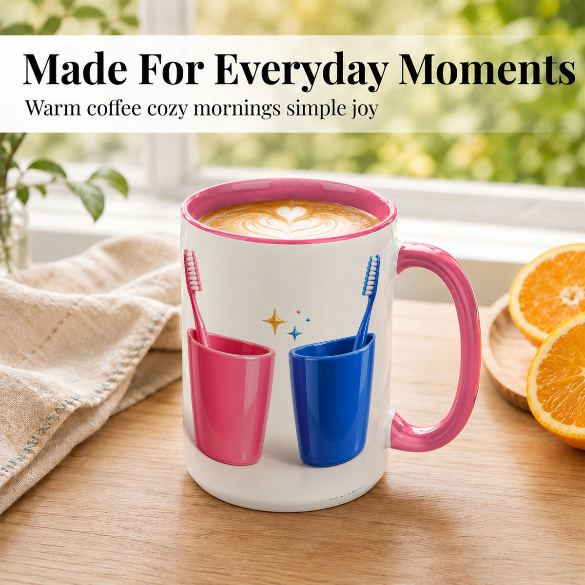 #pl[15oz|Pink] Pink Blue Toothbrush Pair Coffee Mug, Dental Theme Mug, Ceramic Cup