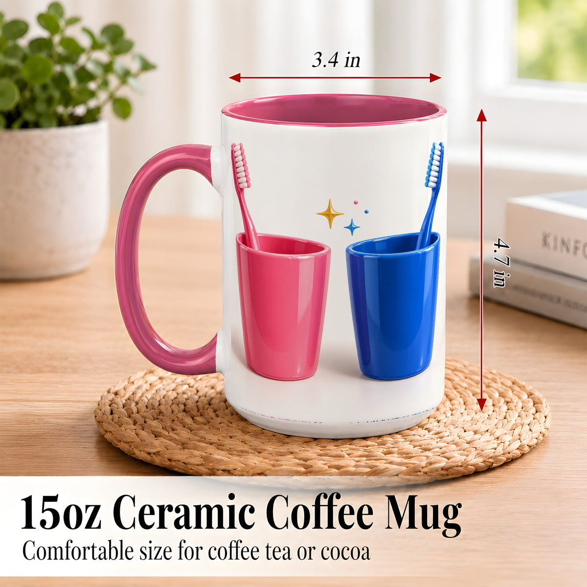 #pl[15oz|Pink] Pink Blue Toothbrush Pair Coffee Mug, Dental Theme Mug, Ceramic Cup
